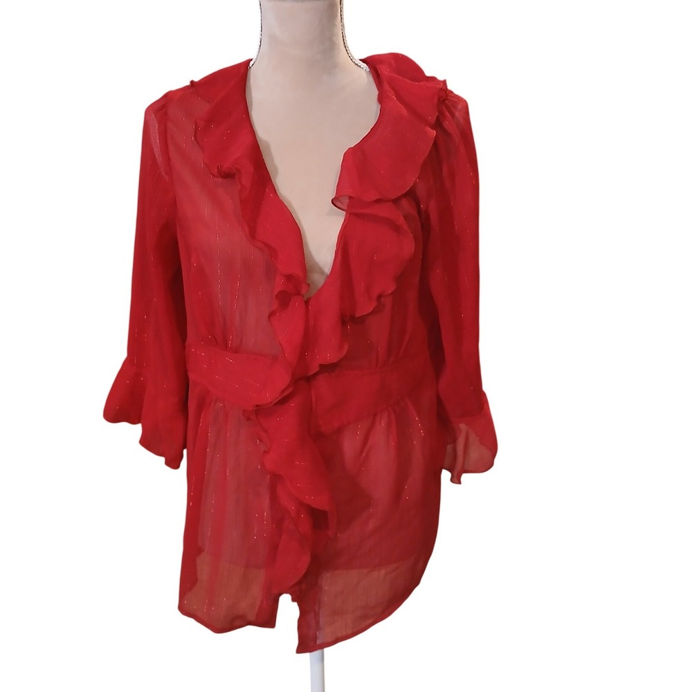 Vtg Studio 1940 Red Sheer Ruffle Metallic Long Sleeve Blouse Women's Large